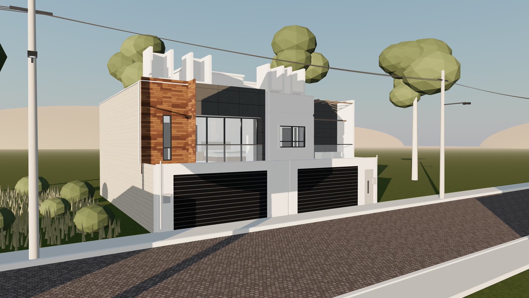 Vista 3D de las dos casas desde la calle al atardecer.